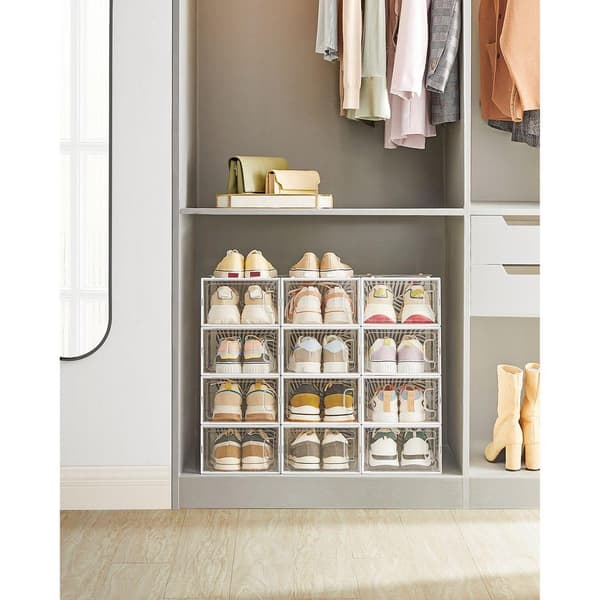 Rootz skoæsker - Sæt med 12 skoæsker - Skoopbevaringsæsker - Skobeholdere i plast - Skobeskyttere - ABS-ramme - Gennemsigtig hvid - 33,5 x 23 x 14 cm
