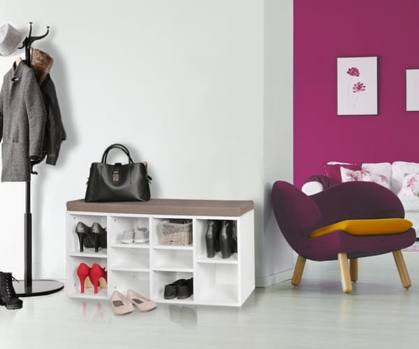 Rootz bänk med sittdyna, vit Hallbänk 103,5 x 53 x 30 cm - Bänk med hyllor - Garderobsbänk med förvaringsutrymme