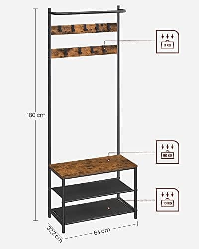 Vasagle Klädställ rack med 9 avtagbara krokar Bänk, vintage brun svart