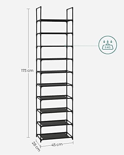 Songmics 10-lags skostativ, skoopbevaring, 45 x 28 x 173 cm, metalstel, sort