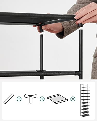 Songmics 10-lags skostativ, skoopbevaring, 45 x 28 x 173 cm, metalstel, sort