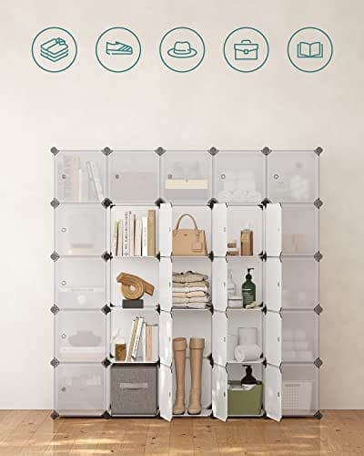 Songmics 15 Cube DIY Opbevaringsorganiseringsenhed Plastgarderobe med døre, hvid