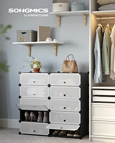 Songmics Interlocking Skohylde, Opbevarings Organizer DIY Opbevaringshylde, Sort