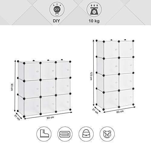 Songmics 9-Cube Opbevaringsorganer, Plastskab med låger, Hvid
