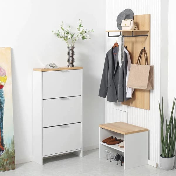Rootz skoskab - 3 vipbare rum - 12 par sko - Justerbare hylder - MDF - Naturlig + Hvid - 60L x 24W x 120H cm