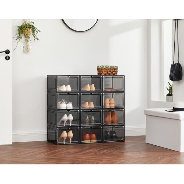 Rootz Sæt med 12 skoæsker med klap - Klar skobeholder med låge - PP plast - ABS plast - Sort - 27 x 34,5 x 19 cm