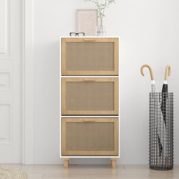 Kenkäkaappi valkoinen 52x25x115 cm tekninen puu/luonnonrottinki