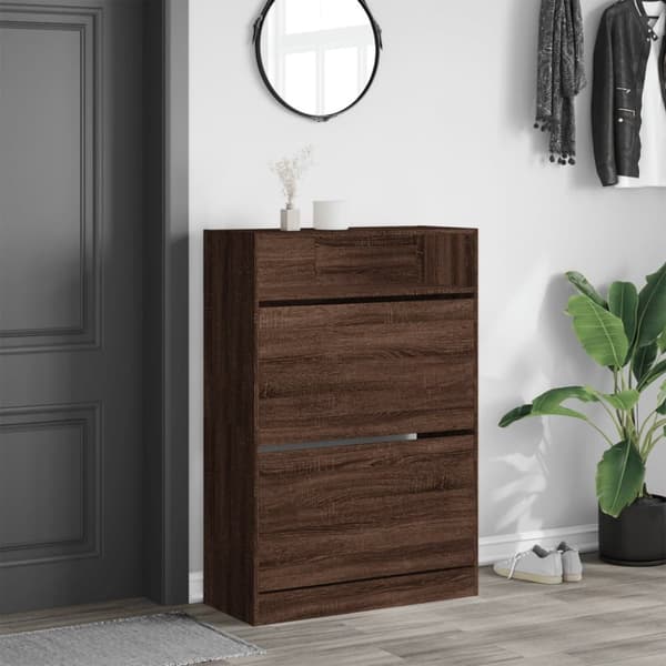 skoskab med 2 vippeskuffer 80x34x116 cm brun egetræsfarve