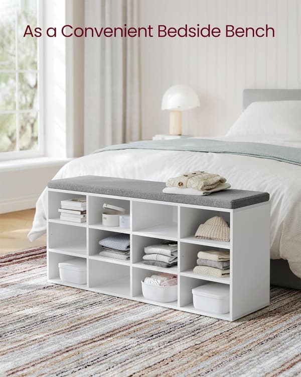 VASAGLE skobænk med pude, opbevaringsbænk, 11,9 x 40,9 x 18,9 tommer, hvid og grå