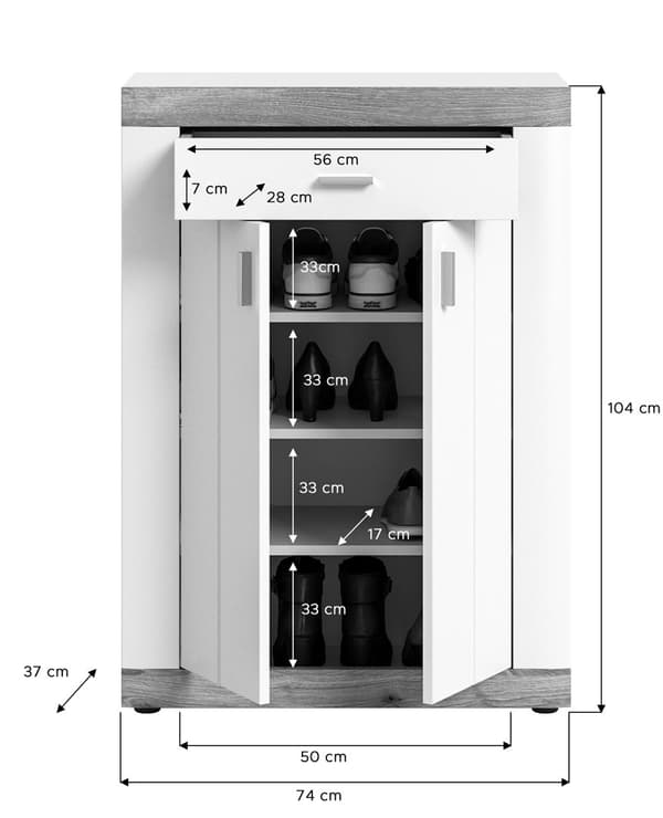 Laredo skoskab 2 låger, 1 skuffe 73x104cm mat hvid,eg dekor,hvid.