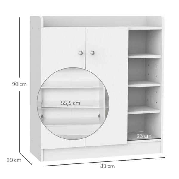 Rootz-kenkäkaappi - Kenkäarkku - Kenkäteline - 4 hyllyä - Enintään 12 paria - 1 kaappi - Lastulevy - Alumiiniseos - Valkoinen - 83cm X 30cm X 90cm