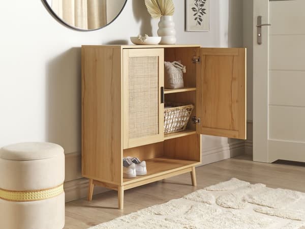 Skænk Rattan 2 Låger Lyst Træ Fremstillet Træ med Rattan Front Skuffer Boho Stil