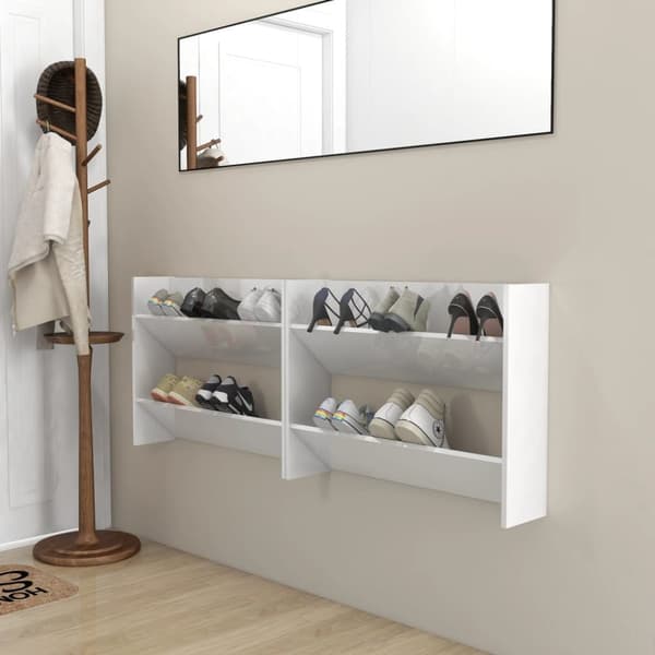 vidaXL væghængte skoskabe 2 stk. 80x18x60 cm spånplade hvid højglans -  Skoopbevaring
