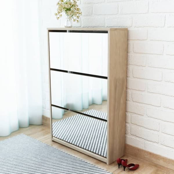 vidaXL skoskab med tre hylder og spejl 63x17x102,5 cm egetræsfarvet -  Skoopbevaring