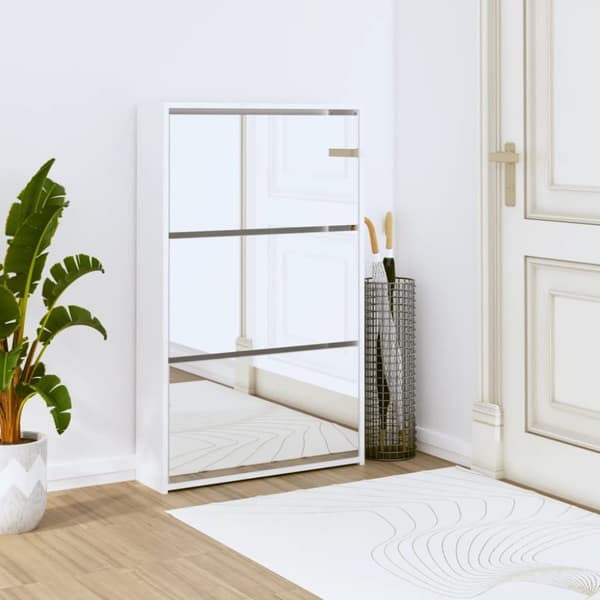 vidaXL Kenkäkaappi peilillä 3 tasoa korkeakiilto valk. 63x17x102,5 cm - Kenkähyllyt & -telineet