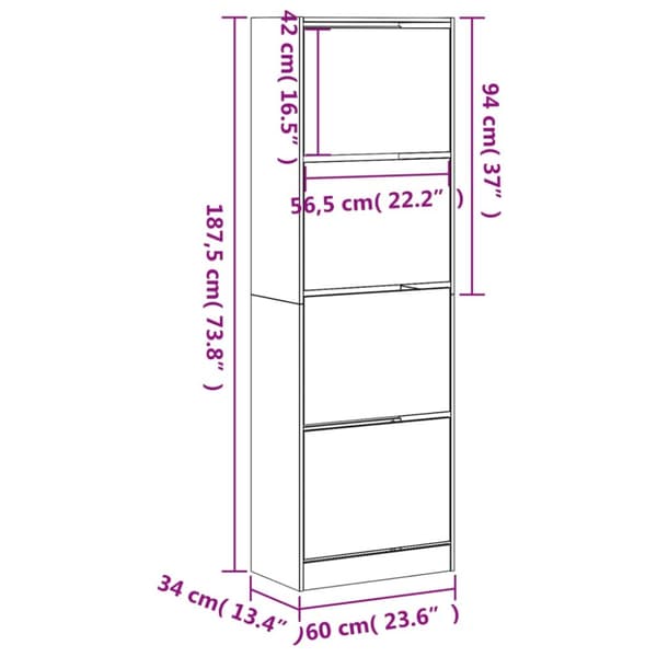 vidaXL skoskab med 4 vippeskuffer 60x34x187,5 cm hvid -  Skoopbevaring