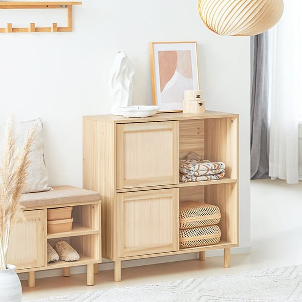 Rootz Skoskab med skydedøre - Opbevaringsorganisering - Skostativ - Bambus og træ - Modstandsdygtig over for skimmel og skimmel - 80 cm x 87 cm x 35 c