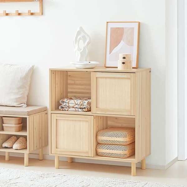 Rootz Skoskab med skydedøre - Opbevaringsorganisering - Skostativ - Bambus og træ - Modstandsdygtig over for skimmel og skimmel - 80 cm x 87 cm x 35 c