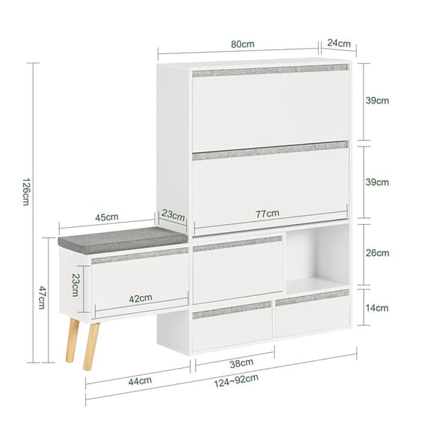 Rootz justerbart skoskåp - Skoorganisator - Skoförvaringsbänk - Mångsidig, utrymmesbesparande, enkel montering - Vit - (92-124)x115x24cm
