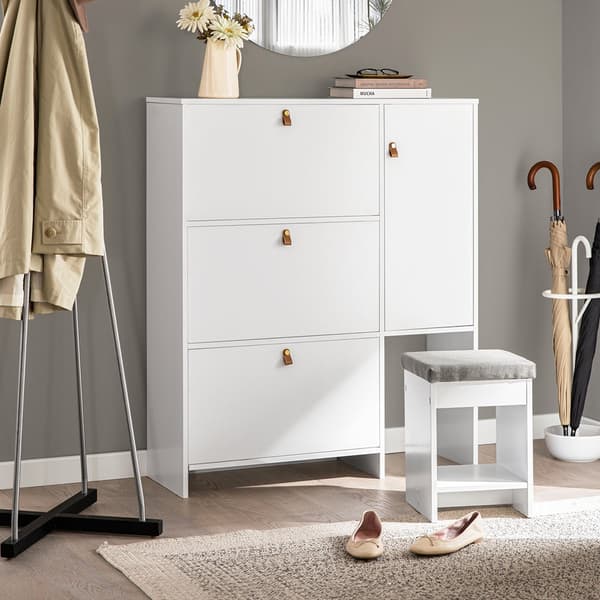 Rootz skoskab med skammel - Skovipper - Skokommode - Pladsbesparende design - Komfortable siddepladser - Alsidig opbevaring - Hvid MDF - 95 cm x 121 c