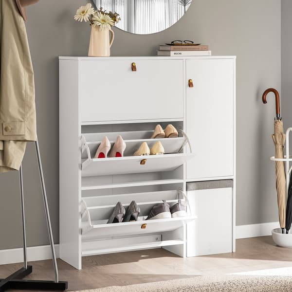 Rootz skoskab med skammel - Skovipper - Skokommode - Pladsbesparende design - Komfortable siddepladser - Alsidig opbevaring - Hvid MDF - 95 cm x 121 c