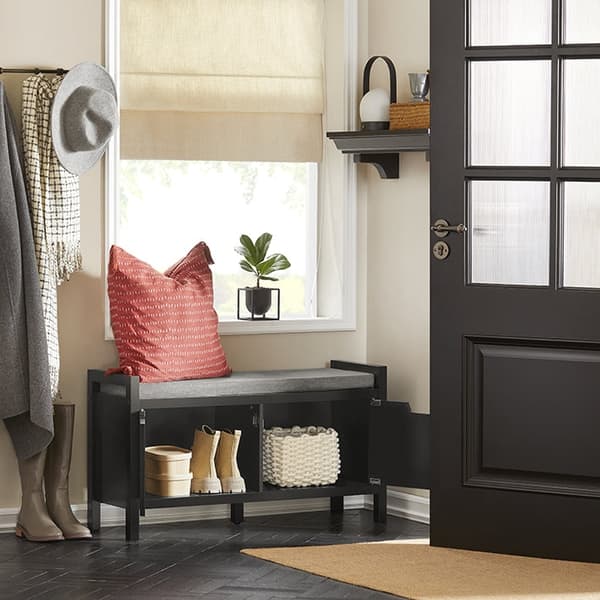 Rootz skoförvaringsbänk - Entrébänk med kudde - Skoorganisator - Bekväma sittplatser - Mångsidig design - Svart MDF - 91 cm x 50 cm x 30 cm