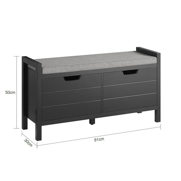 Rootz skoförvaringsbänk - Entrébänk med kudde - Skoorganisator - Bekväma sittplatser - Mångsidig design - Svart MDF - 91 cm x 50 cm x 30 cm