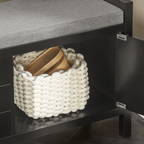 Rootz skoförvaringsbänk - Entrébänk med kudde - Skoorganisator - Bekväma sittplatser - Mångsidig design - Svart MDF - 91 cm x 50 cm x 30 cm