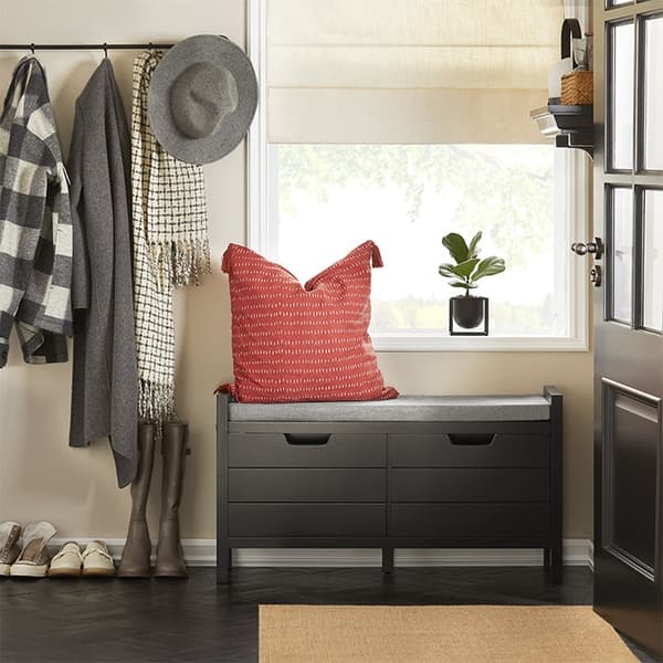 Rootz skoförvaringsbänk - Entrébänk med kudde - Skoorganisator - Bekväma sittplatser - Mångsidig design - Svart MDF - 91 cm x 50 cm x 30 cm