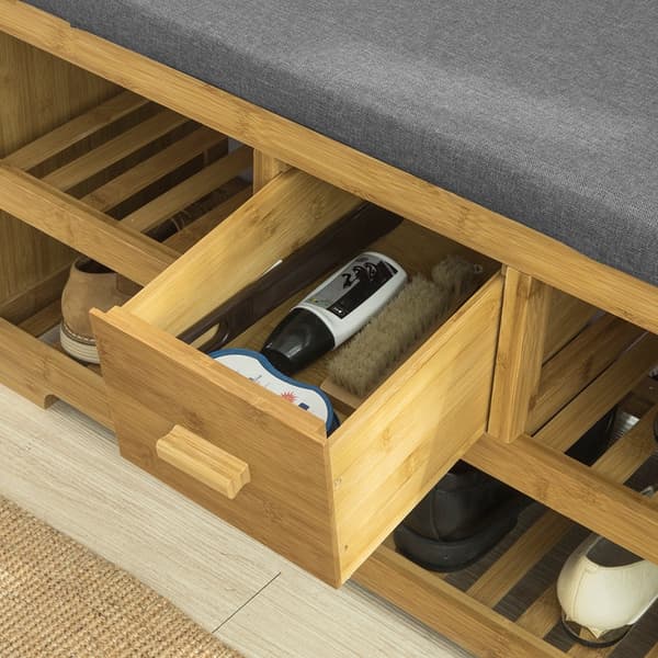 Rootz Bamboo Skobänk med Dyna - Skoställ - Förvaringsbänk - 2 hyllor och låda - Platssparande - Bekväma sittplatser - Miljövänlig - 91cm x 45cm x 34cm
