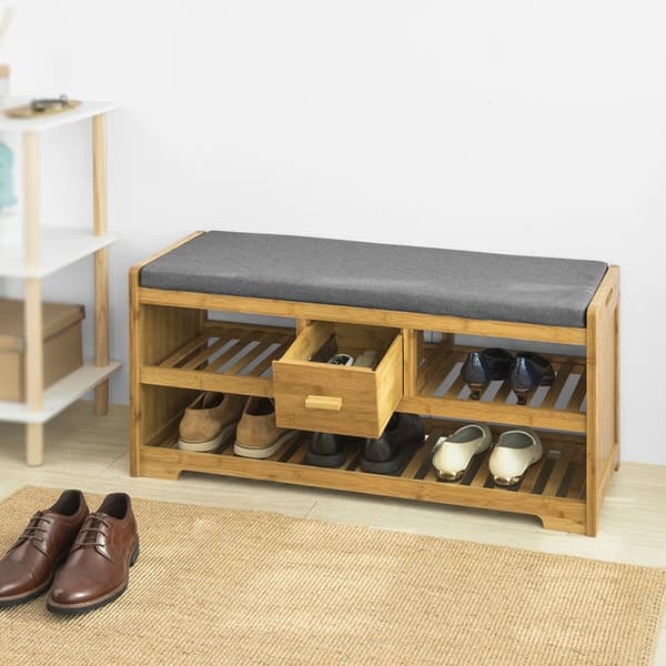Rootz Bamboo Skobänk med Dyna - Skoställ - Förvaringsbänk - 2 hyllor och låda - Platssparande - Bekväma sittplatser - Miljövänlig - 91cm x 45cm x 34cm