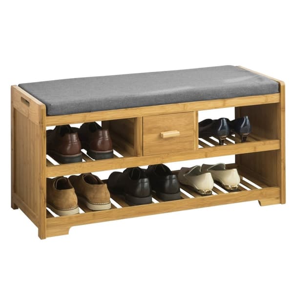 Rootz Bamboo Skobänk med Dyna - Skoställ - Förvaringsbänk - 2 hyllor och låda - Platssparande - Bekväma sittplatser - Miljövänlig - 91cm x 45cm x 34cm