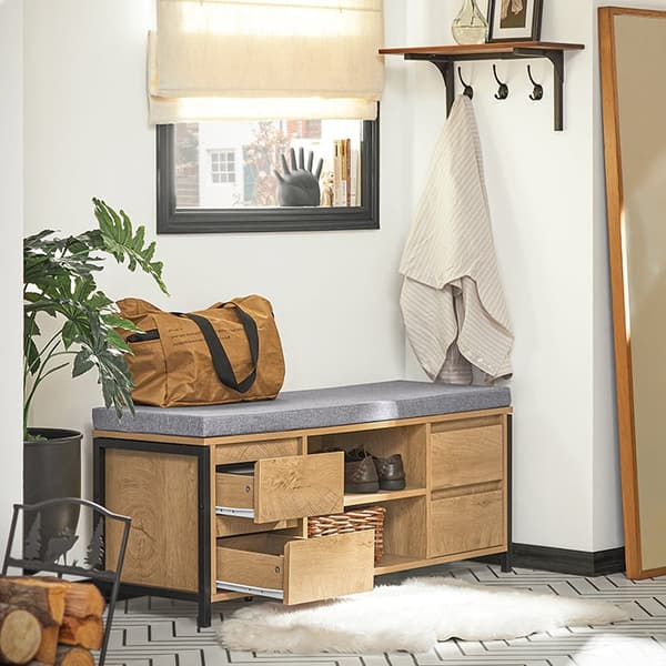 Rootz-kenkäkaappi ja penkki - Säilytysjärjestelmä - Eteisen penkki - Kenkäteline - Teollinen muotoilu - MDF ja metalli - 110cm x 45cm x 35cm