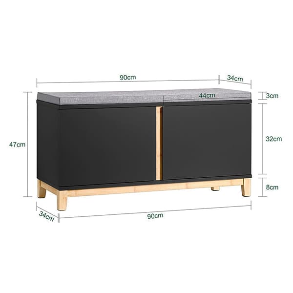 Rootz-kenkäpenkki pehmustetulla istuimella - Sisääntulopenkki - Säilytysjärjestelmä - Säädettävät hyllyt - Kestävät bambujalat - 90cm x 47cm x 34cm