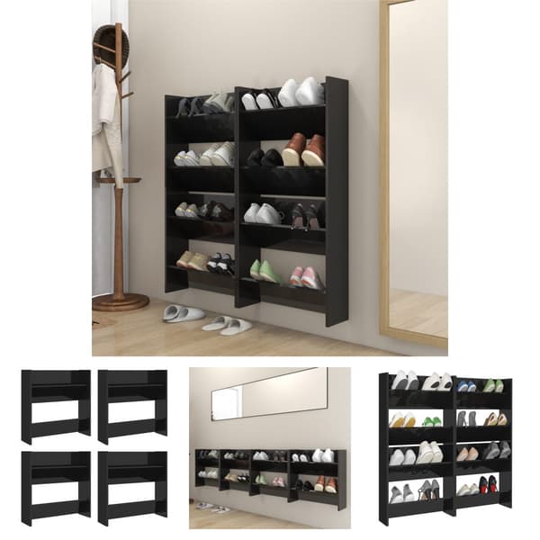 The Living Store væghængte skoskab 4 stk. 60x18x60 cm spånplade sort højglans -  Skoopbevaring