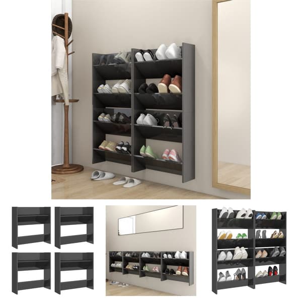 The Living Store væghængt skoskab 2 stk. 60x18x60cm konstrueret træ grå højglans -  Skoopbevaring