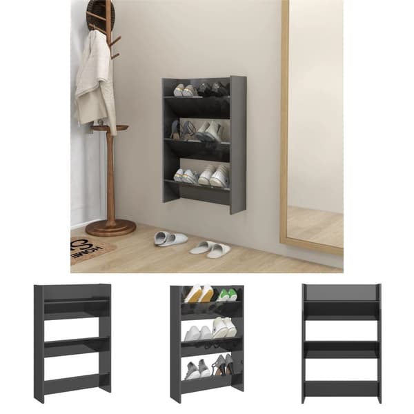 The Living Store Väggmonterat skoställ grå högglans 60x18x90 cm konstruerat trä -  Skoställ & skohyllor
