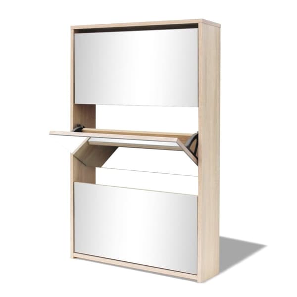 The Living Store skoskab med tre hylder og spejl 63x17x102,5 cm egetræsfarvet -  Skoopbevaring