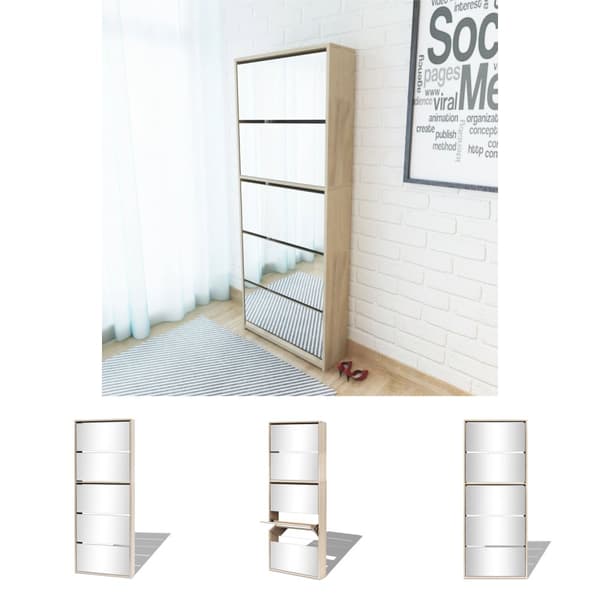 The Living Store skoskab 5 hylder med spejl 63x17x169,5 cm egetræsfarvet -  Skoopbevaring
