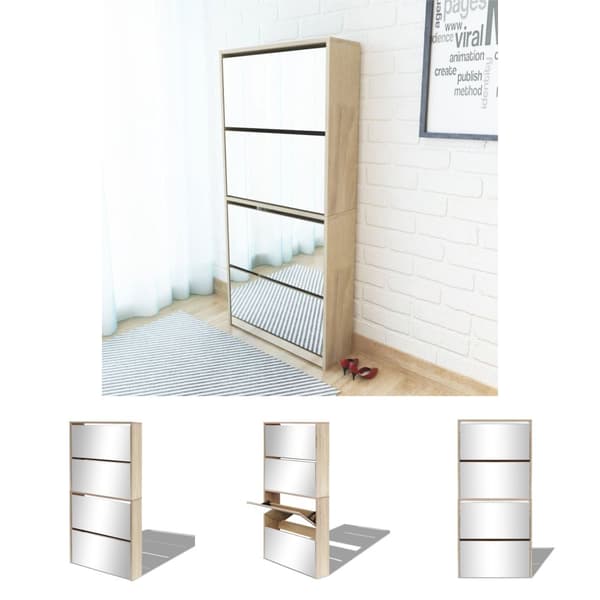 The Living Store skoskab 4 hylder med spejl 63x17x134 cm egetræsfarvet -  Skoopbevaring