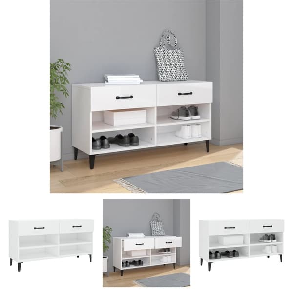The Living Store Kenkäkaappi korkeakiilto valkoinen 102x35x55 cm tekninen puu -  Kenkähyllyt & -telineet
