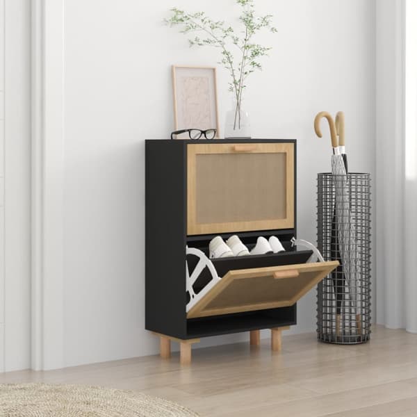 The Living Store skoskab 52x25x80 cm konstrueret træ og naturlig rattan -  Skoopbevaring
