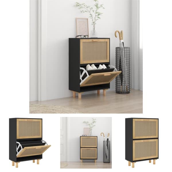 The Living Store skoskab 52x25x80 cm konstrueret træ og naturlig rattan -  Skoopbevaring