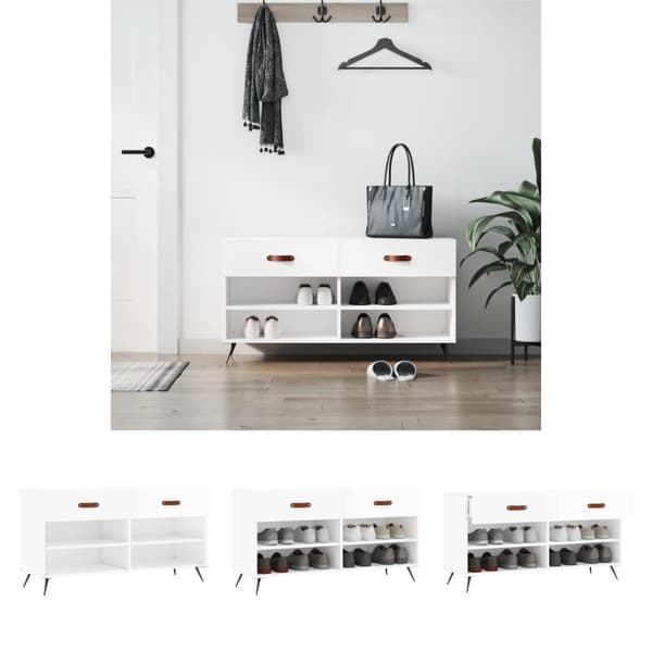 The Living Store skobænk 102x35x55 cm konstrueret træ hvid højglans -  Skoopbevaring
