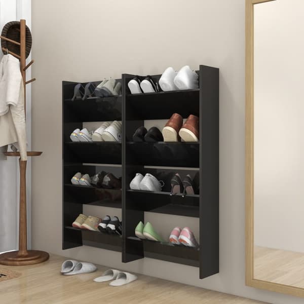 Skoopbevaring - Living væghængte skoskab 4 stk. 60x18x60 cm spånplade sort højglans