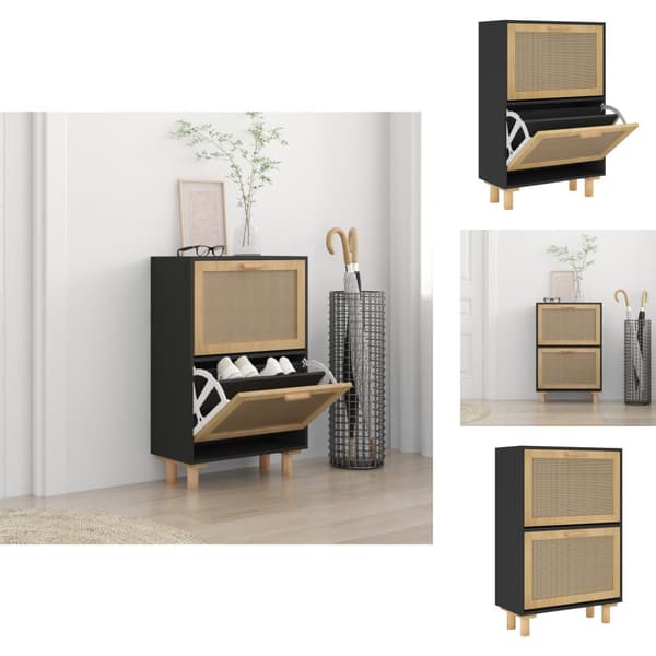 Kenkähyllyt & -telineet - Living Kenkäkaappi musta 52x25x80 cm tekninen puu/luonnonrottinki