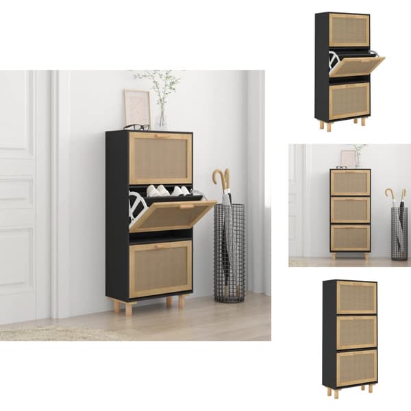 Kenkähyllyt & -telineet - Living Kenkäkaappi musta 52x25x115 cm tekninen puu/luonnonrottinki
