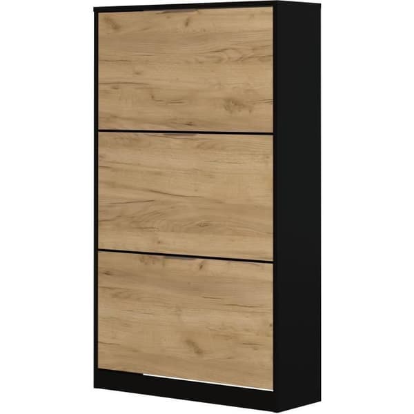 Skoskåp med 3 dörrar - Ek och svart dekor - 75x25x128 cm - Leona