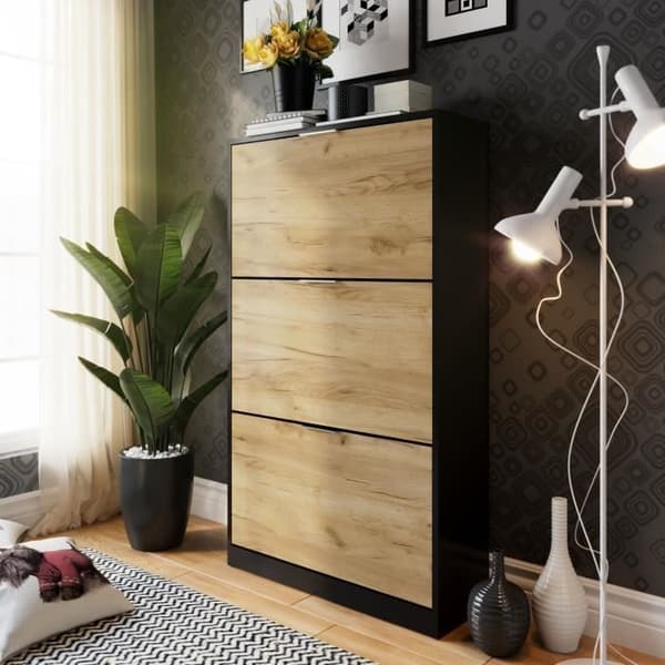 Skoskåp med 3 dörrar - Ek och svart dekor - 75x25x128 cm - Leona