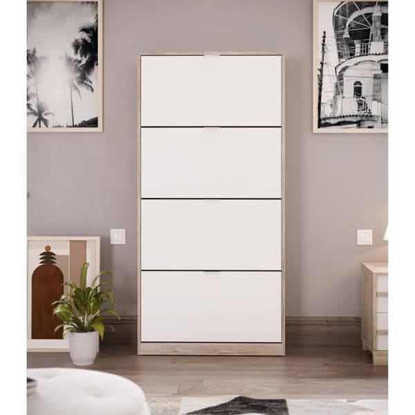Skoskåp - 4 Dörrar - Ek och vit - 75x24x154 cm - Leona
